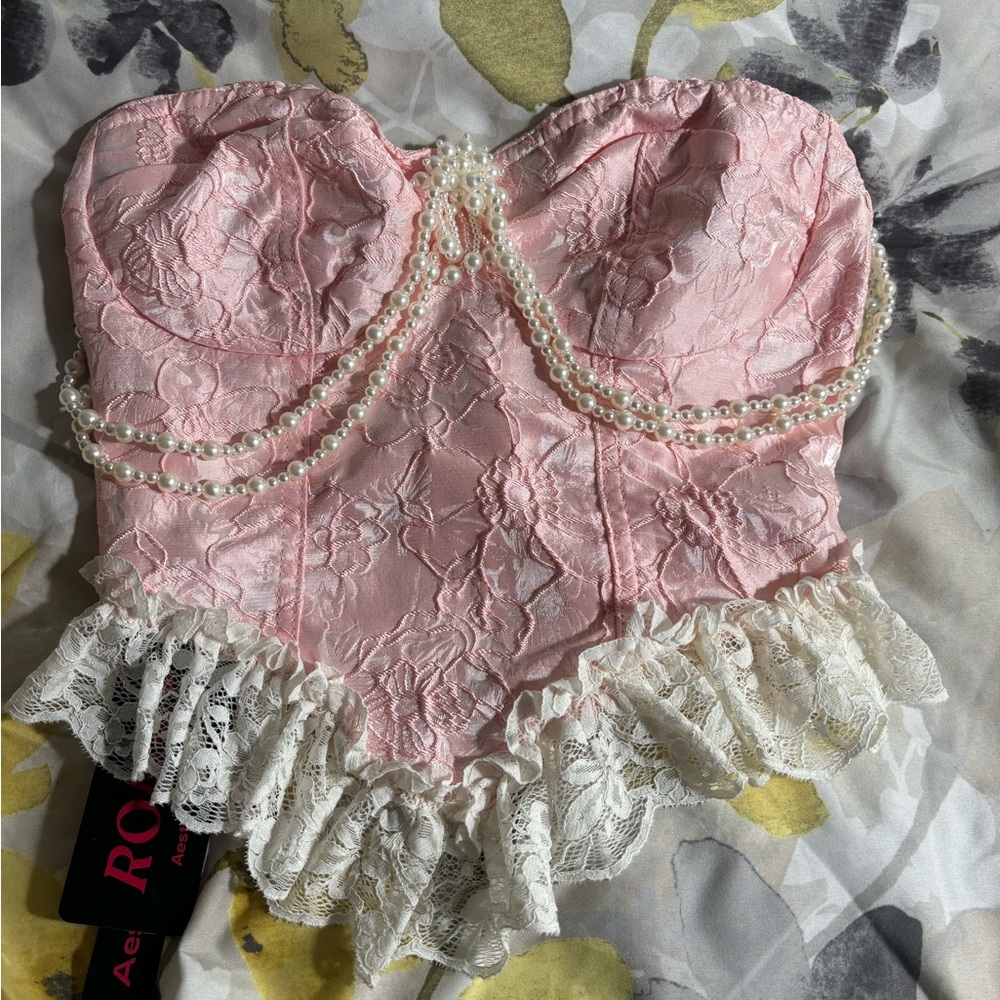ROMWE Pink Lace Bustier with Pearl Accents
